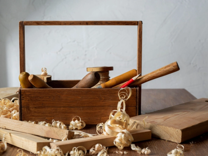 A combination of tools for making a wooden table