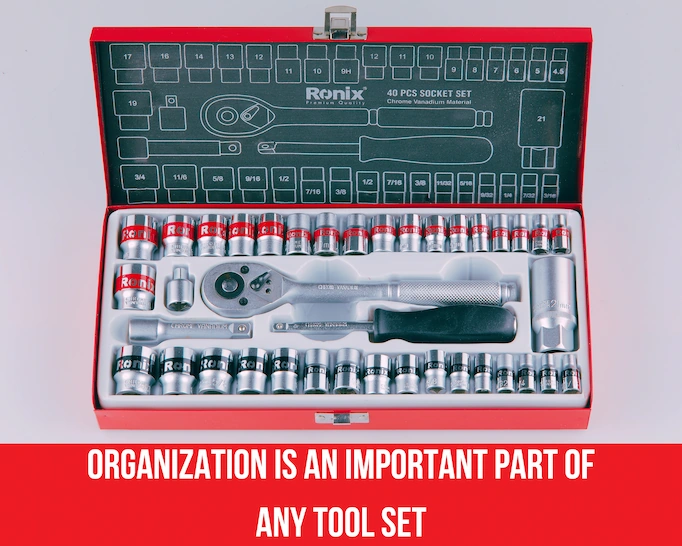 A socket and ratchet set inside the box plus text about organization